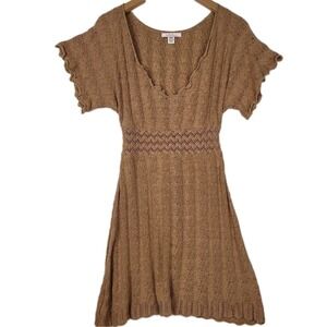 INTUITIONS VINTAGE CROCHET KNIT TIE-WAIST MINI DRESS BROWN WOMEN'S MEDIUM BOHO